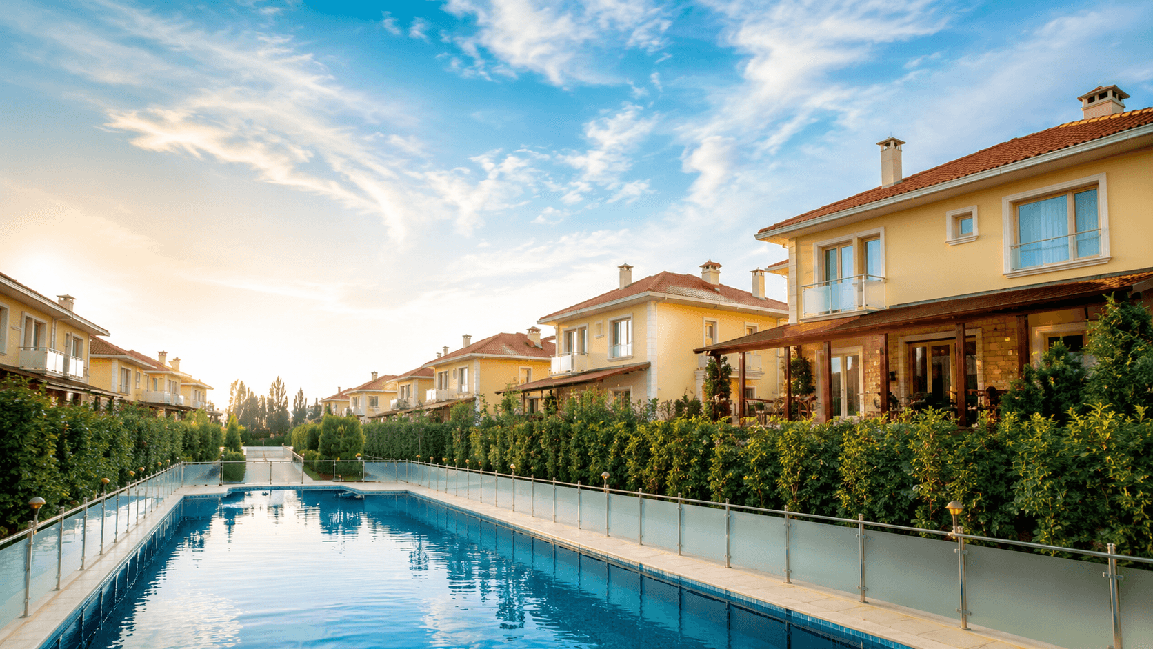 Astaş İnşaat Mercan Village villa projesinin ortak yüzme havuzu ve villa sırası görünümü